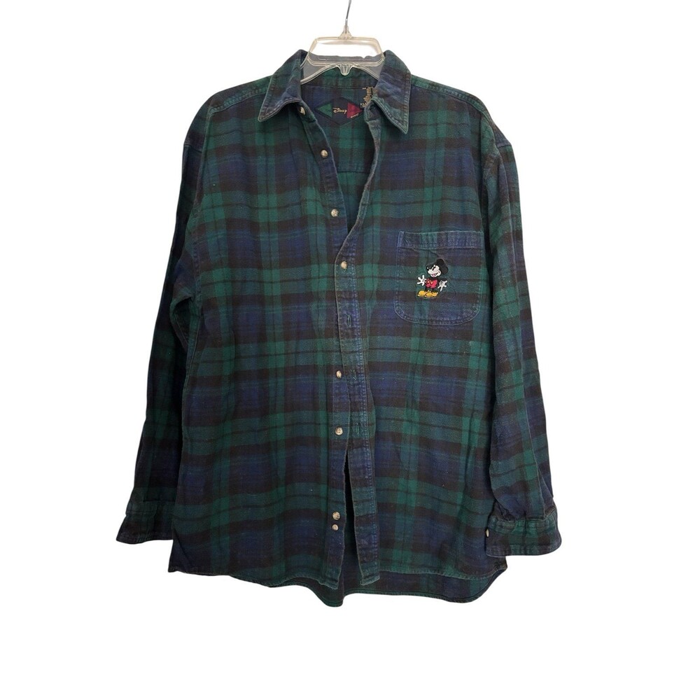 Vintage 90s Disney Mickey Flannel Shirt Men XL Blue/Green Plaid Checkered